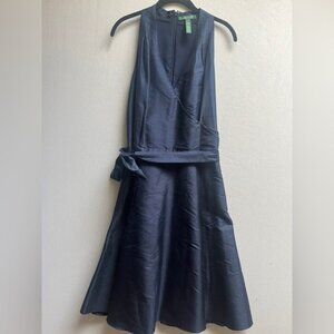 Lauren Ralph Lauren v neck silk sleeveless fit & flare belted midi dress Sz 10